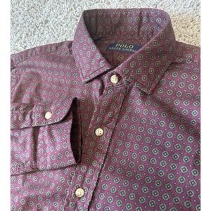 Polo Ralph Lauren Mens All Over Print‎ Burgundy Button Shirt Small